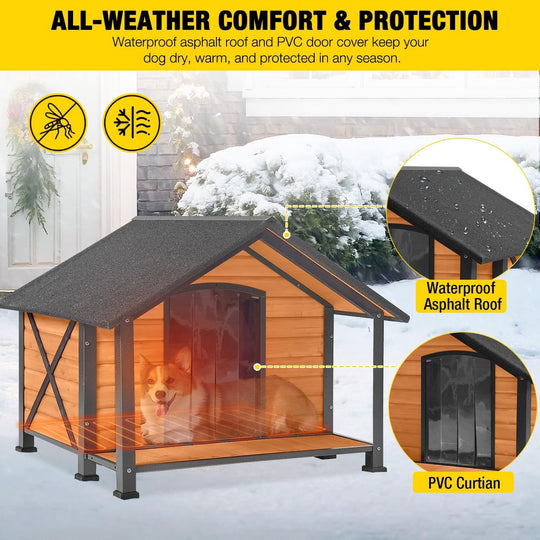 MEDEHOO Heated Outdoor Dog House - Weatherproof Insulated Wooden Shelter with Iron Frame, Large Porch for Medium &amp; Large Dogs, Indoor/Outdoor Kennel