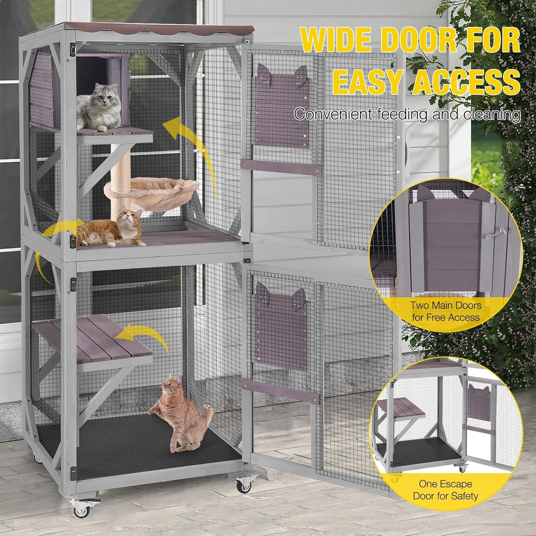 MEDEHOO Catio Outdoor Cat House for Catis Mobile Enclosures on Wheels Large Cat Cage with Waterproof Cover,Resting House,62.8