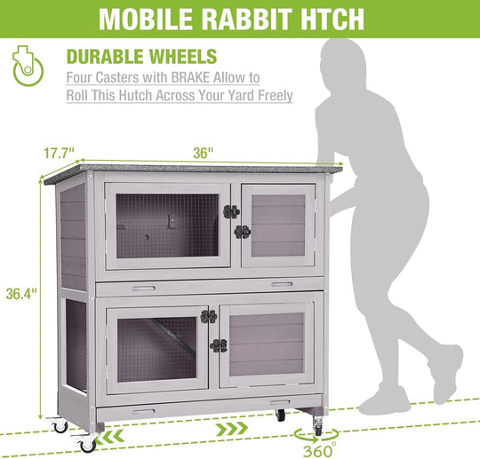 MEDEHOO Rabbit Hutch Bunny Cage, Guinea Pig Cage Bunny Hutch Indoor, Wood Pet Cage with 4 Casters -2 Story &amp; 2 Trays (Grey) AIR77-G-WM