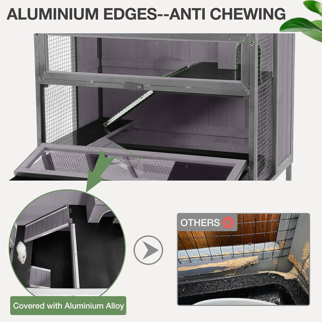 MEDEHOO Guinea Pig Cage, Moveable Metal Frame Hamster Cage Anti-Chewing with Aluminium Alloy Edge, Hideouts, Ramps, Seesaws Chewing Toy, Deeper Pull-Out Leakproof Tray for Indoor Outdoor(Grey)