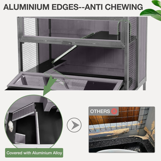 MEDEHOO Guinea Pig Cage, Moveable Metal Frame Hamster Cage Anti-Chewing with Aluminium Alloy Edge, Hideouts, Ramps, Seesaws Chewing Toy, Deeper Pull-Out Leakproof Tray for Indoor Outdoor(Grey)