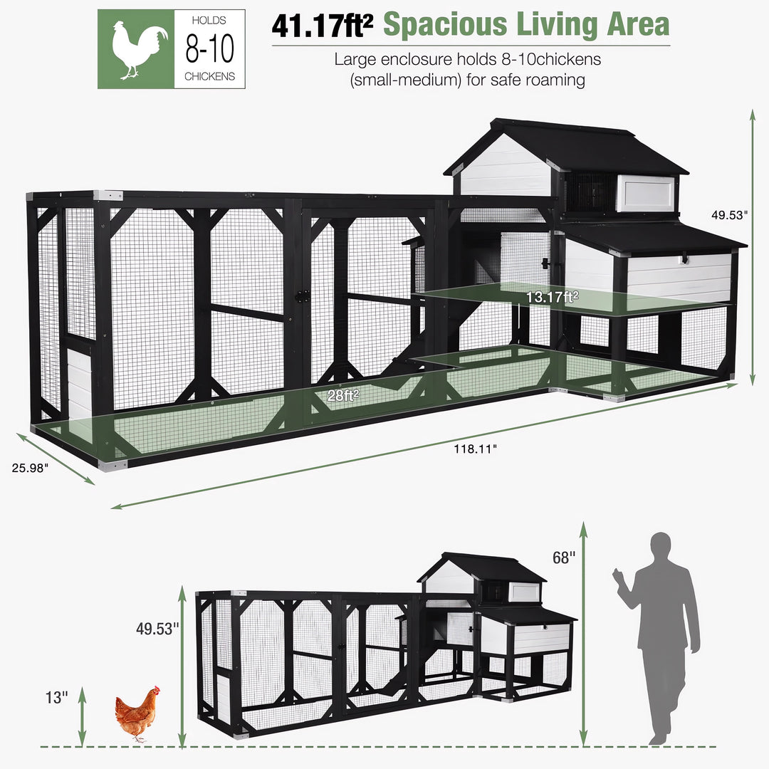 MEDEHOO Extra Large Wooden Chicken Coop for 8-10 Chickens, Reinforced Outdoor Hen House with Extended Run, 6 Nesting Boxes, Easy Clean Pull-Out Tray, Waterproof Asphalt Roof - Black, 118" L