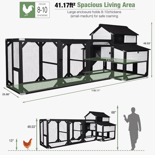 MEDEHOO Extra Large Wooden Chicken Coop for 8-10 Chickens, Reinforced Outdoor Hen House with Extended Run, 6 Nesting Boxes, Easy Clean Pull-Out Tray, Waterproof Asphalt Roof - Black, 118" L