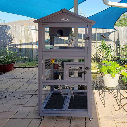 MEDEHOO 71'' Large Wooden Birdcages with Stand, Movable Aviary Flight Cage for Parakeets, Cockatiel, Parrot, Finch, Canary