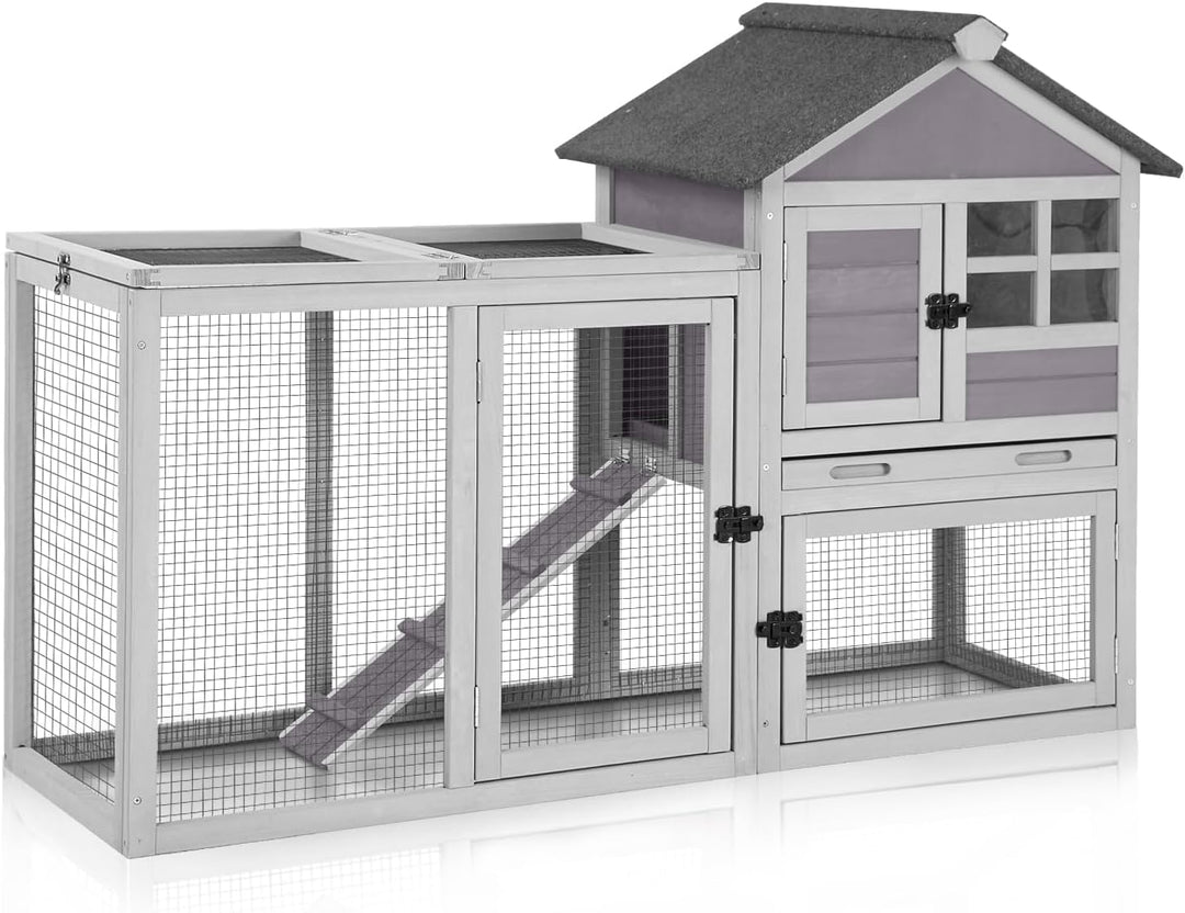 MEDEHOO Large Rabbit Hutch Outdoor 2-Level Wooden Chicken Coop Indoor Weatherproof Bunny Cage Guinea Pig House with Waterproof Roof, Leak-Proof Pull Out Tray, Lockable Door for Small Animals (Grey) AIR7002-Grey-MA-WM