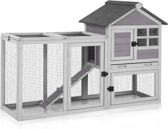 MEDEHOO Large Rabbit Hutch Outdoor 2-Level Wooden Chicken Coop Indoor Weatherproof Bunny Cage Guinea Pig House with Waterproof Roof, Leak-Proof Pull Out Tray, Lockable Door for Small Animals (Grey) AIR7002-Grey-MA-WM