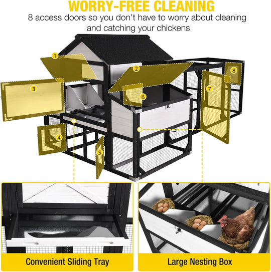 MEDEHOO Extra Large Chicken Coop for 8-10 Chickens, Reinforced Outdoor Wooden Hen House with Run, 6 Nesting Boxes, Easy Clean Pull-Out Tray, Waterproof Asphalt Roof - Black, 118" L x 26" W x 50" H