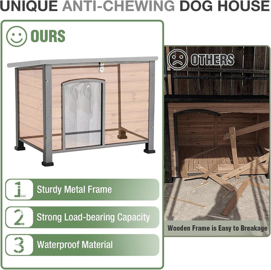 MEDEHOO 33.3’’ Heated Outdoor Dog House Weatherproof Insulated Dog Kennel with Metal Frame, Dog Shelter with Heating Pad, 6-Sided Insulated Liner and PVC Door Curtain for Winter (Brown) AIR74-IN-HP-4DML-WM