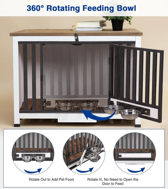 MEDEHOO Dog Crate Furniture, Foldable Wooden Dog Kennel Furniture with 360° Rotating Feeding Bowls, Iron Frame Dog Crate with Deepened Sliding Tray, 33" L - White Brown