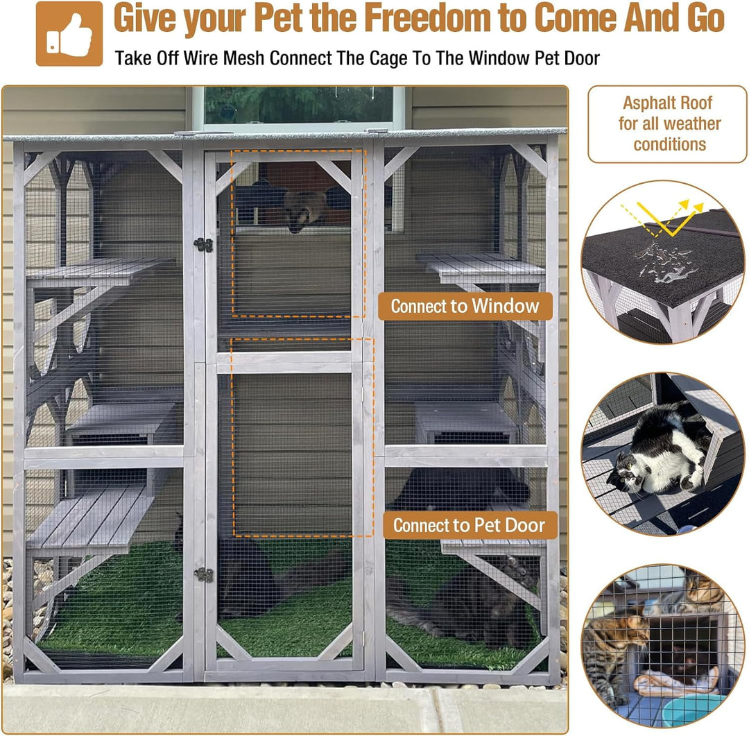 MEDEHOO Large Catio Outdoor Cat Enclosure, 5-Tier Cat Playpen with Window Access, Extra Large, Grey