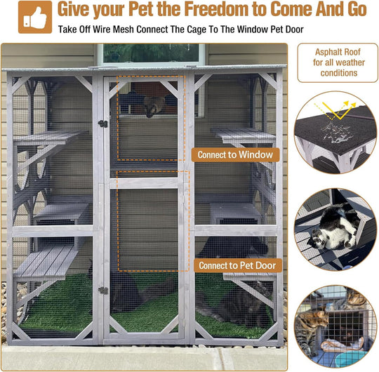 MEDEHOO Large Catio Outdoor Cat Enclosure, 5-Tier Cat Playpen with Window Access, Extra Large, Grey