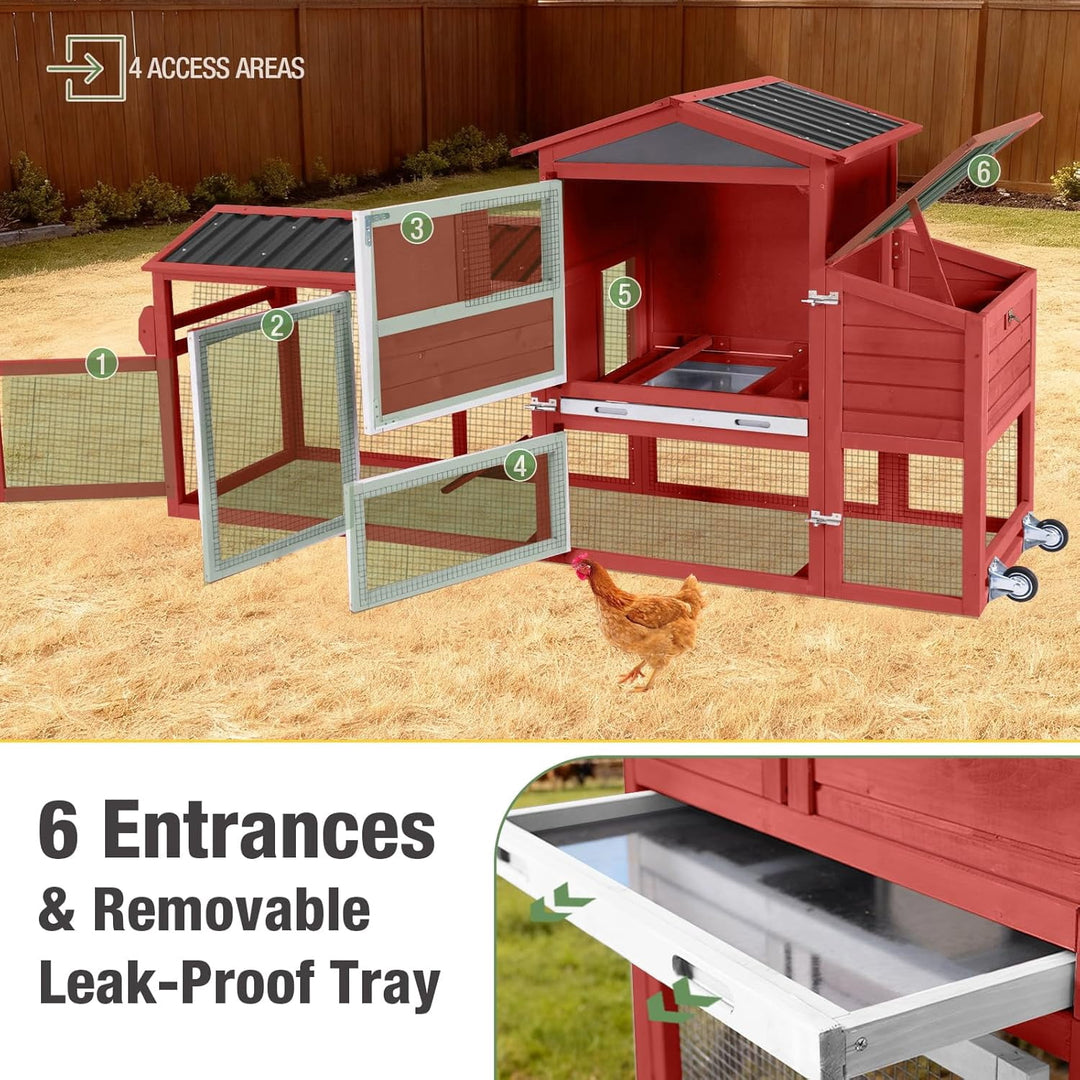 MEDEHOO 83" Large Chicken Coop for 4-6 Chickens, Mobile Hen House Outdoor Wooden Poultry Cage with Wheels Nesting Box Run, Red