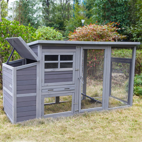 MEDEHOO 78in Large Chicken Coop with Wheels &amp; Removable Leakproof Tray, Outdoor Wooden Poultry House with Waterproof Roof, Nesting Box, Ramp and Run (Grey)