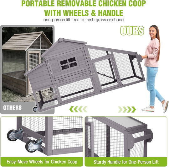 MEDEHOO Large Chicken Coop on Wheels, Expandable Outdoor Mobile Chicken House, Hen House Poultry Cage with Nesting Box, Leakproof Pull-Out Tray &amp; UV-Resistant Roof – Grey AIR23-W-A-WM