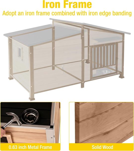 MEDEHOO 60" Heated Dog House Outdoor, Extra Large Insulated Kennel with Chew-Proof Metal Frame &amp; Rotating Bowl