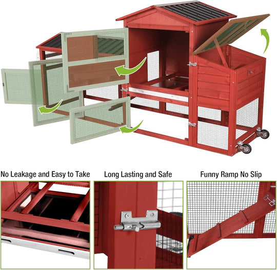 MEDEHOO 80" Mobile Chicken Coop with Wheels – Expandable Waterproof Hen House, Wooden Poultry Cage with Nesting Box &amp; Pull-Out Tray for 2-4 Chickens (Red)