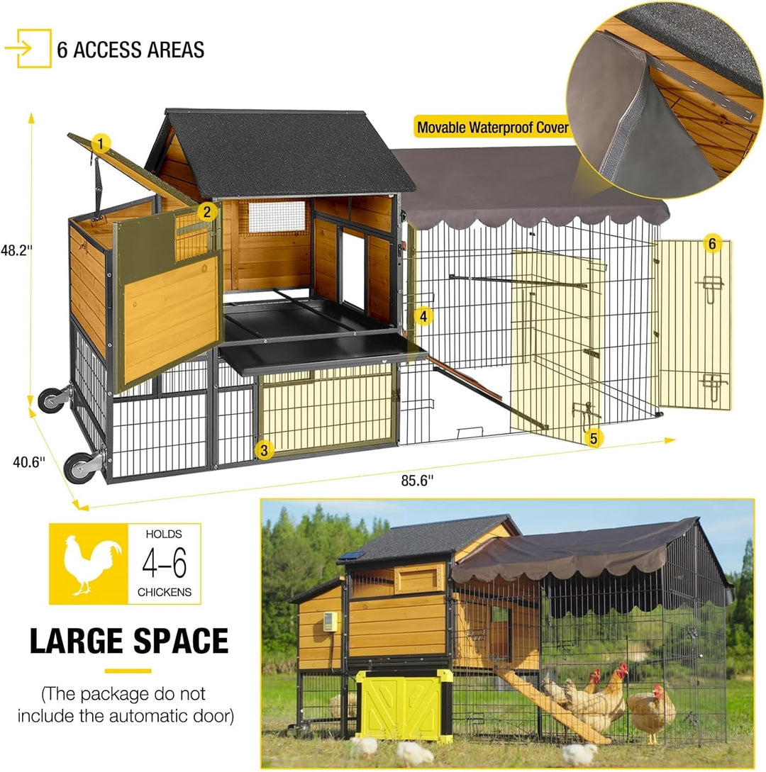 MEDEHOO 85.6" Mobile Chicken Coop, Large All-Steel Frame Hen House for 6-8 Chickens Poultry Cage with Nesting Box, Waterproof Rain Cover Duck Coop