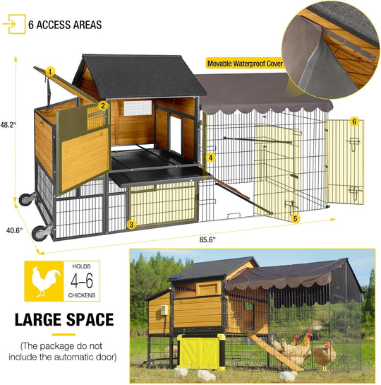 MEDEHOO 85.6" Mobile Chicken Coop, Large All-Steel Frame Hen House for 6-8 Chickens Poultry Cage with Nesting Box, Waterproof Rain Cover Duck Coop