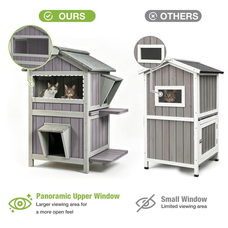 MEDEHOO 2-Story Wooden Outdoor Cat House, Weatherproof Feral Cat Shelter with Escape Doors, Two Large Side Doors and Balcony, Gray GUT94-M-WM