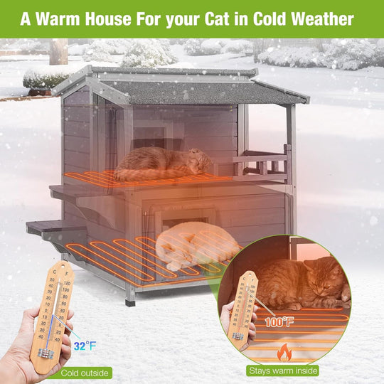 MEDEHOO Heated Cat House for Outside, 2-Story Wooden Cat House Weatherproof for Winter Outdoor Feral Cat Shelter with Heater and Insulated Liner AIR33IN-HP-AL-WM