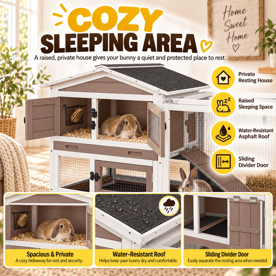 MEDEHOO 61" 2-Story Outdoor Rabbit Hutch on 6 Wheels, Large Wooden Bunny Cage with 3 Deep Front and Back Pull-Out Plastic Trays, Weatherproof Guinea Pig House, Gray AIR19-G-GE-WM2