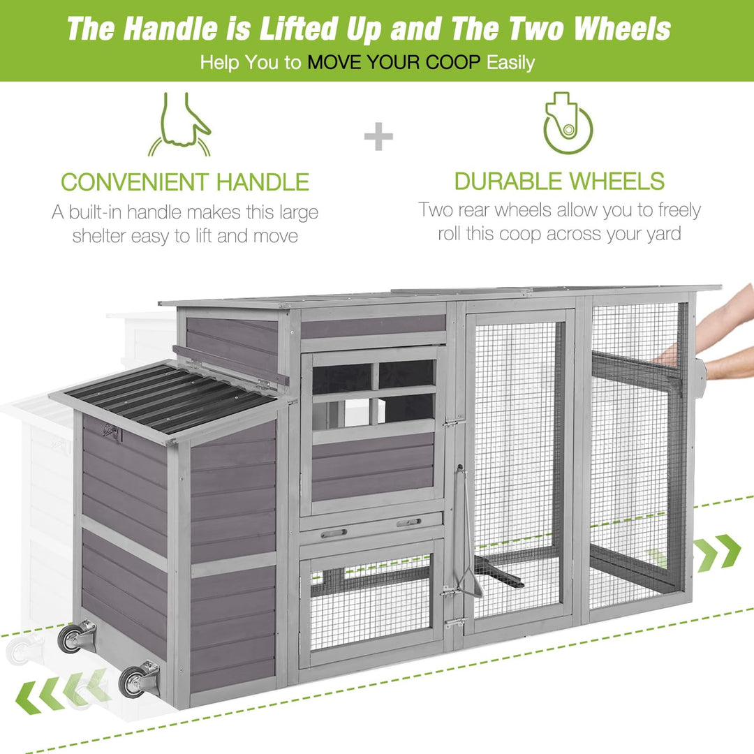 MEDEHOO Chicken Coop with Wheels Mobile Large Hen House for 4-6 Chickens with Reinforced Nesting Box, Large Run, Metal Tray, Easy Rolling &amp; Easy Cleanning, 74.9" AIR31-00J -WM