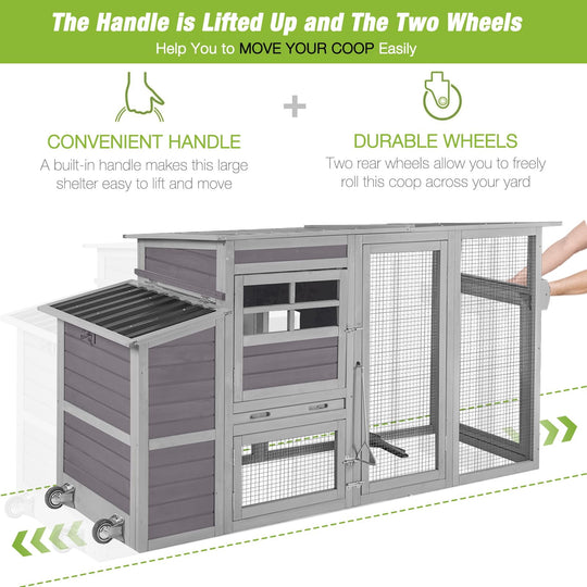 MEDEHOO Chicken Coop with Wheels Mobile Large Hen House for 4-6 Chickens with Reinforced Nesting Box, Large Run, Metal Tray, Easy Rolling &amp; Easy Cleanning, 74.9" AIR31-00J -WM