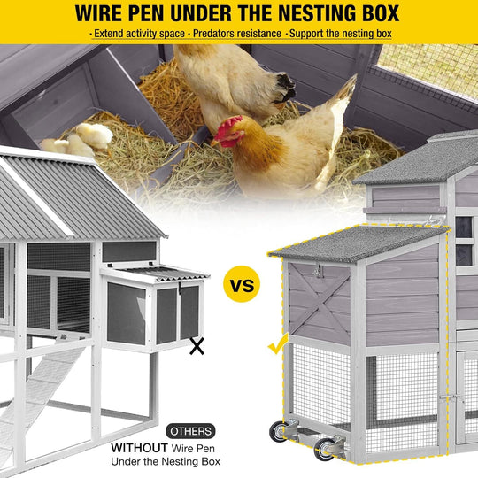 MEDEHOO Wooden Chicken Coop for 4 Chickens Mobile Chicken House on Wheels Expandable Poultry Cage with Large Nesting Box and Pull-Out Tray Grey