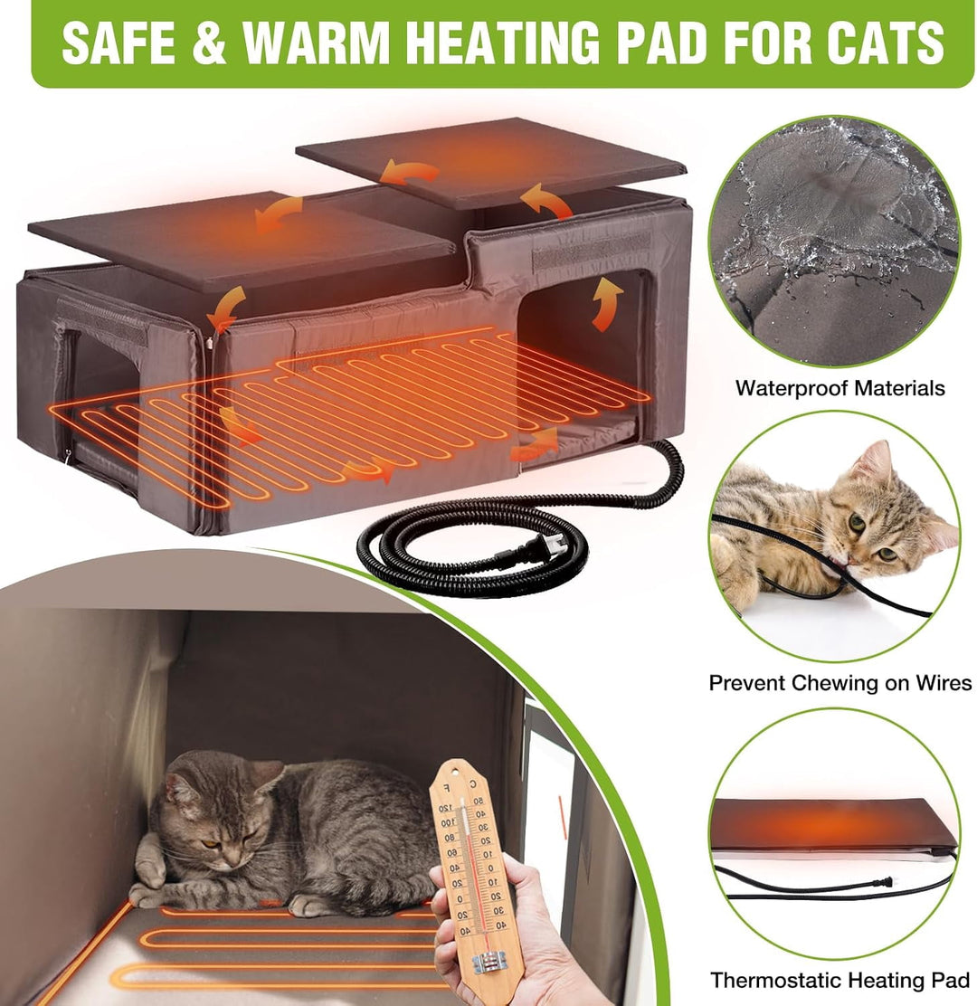 MEDEHOO Large Heated Cat House Outdoor Insulated Cat House 2-Room Weatherproof Outside Shelter with Safety Heating Pad Extra Entrances for 2-3 Cats