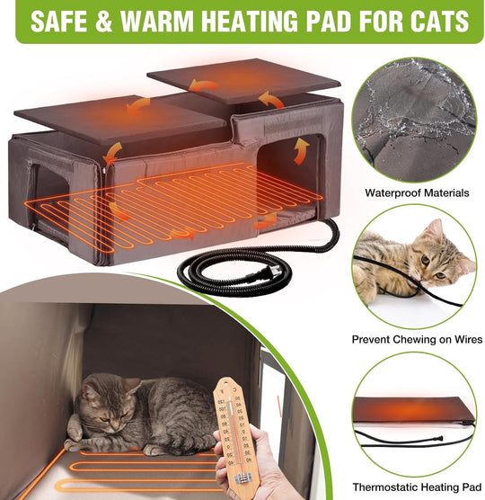MEDEHOO Large Heated Cat House Outdoor Insulated Cat House 2-Room Weatherproof Outside Shelter with Safety Heating Pad Extra Entrances for 2-3 Cats