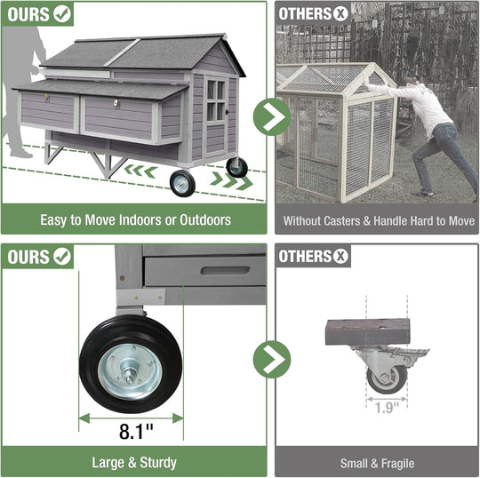 MEDEHOO 68.1" Extra Large Chicken Coop with Super Large Wheels, Mobile Hen House Poultry Cage with Strong Iron Frame, Outdoor Chicken House with 4 Nesting Boxes, 4 Perches for 6-8 Chickens MEDE-AIR97-MA-WM