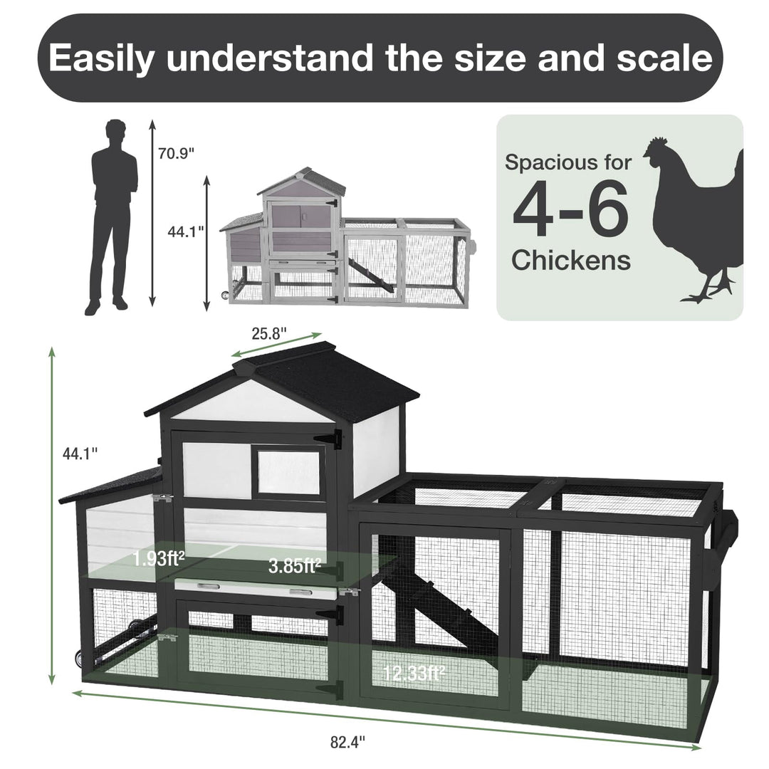 MEDEHOO Mobile Chicken Coop with Wheels for 4-6 Chickens, Backyard Expandable Chicken House Duck Cage with Run, 2 Nesting Boxes, Easy Clean Pull-Out Tray, Leak-Resistant Asphalt Roof, 82.4"