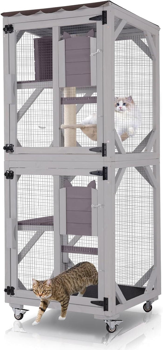 MEDEHOO Catio Outdoor Cat Enclosure - 62.5" Large Walk in Cat Cage on Wheels, Multi-Level Kitty House with Cat Scratching Post, PVC Layer, and Waterproof Roof Gray AIR22-M-MAD-WM