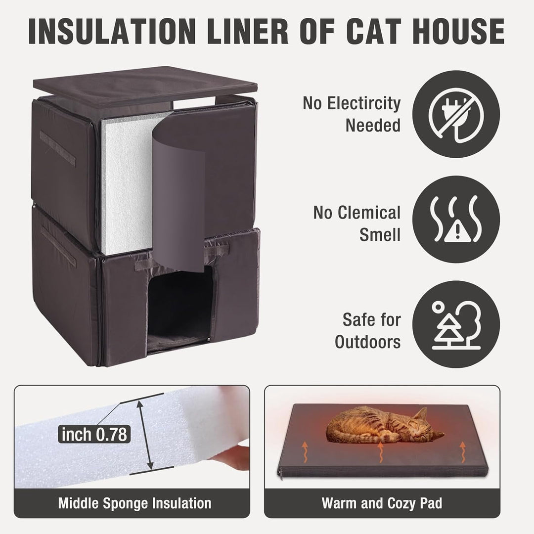 Outdoor Cat House Weatherproof, Heated Feral Cat House with Insulated Liner, 2-Storys Wooden Stray Cat Shelter for Winter AIR14-IN-ML