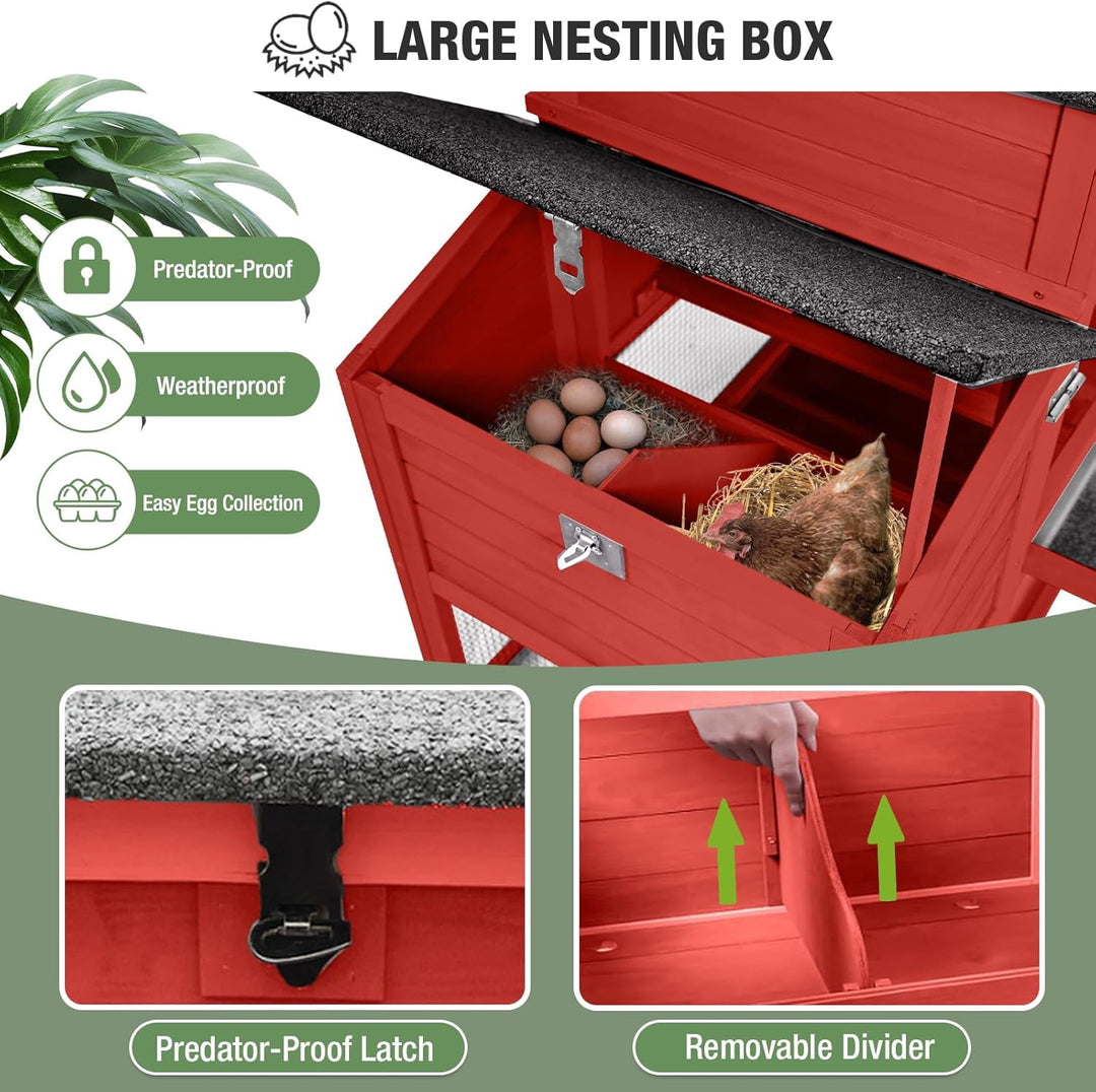 MEDEHOO Wooden Chicken Coop for 4 Chickens Mobile Chicken House on Wheels Expandable Poultry Cage with Large Nesting Box and Pull-Out Tray Red