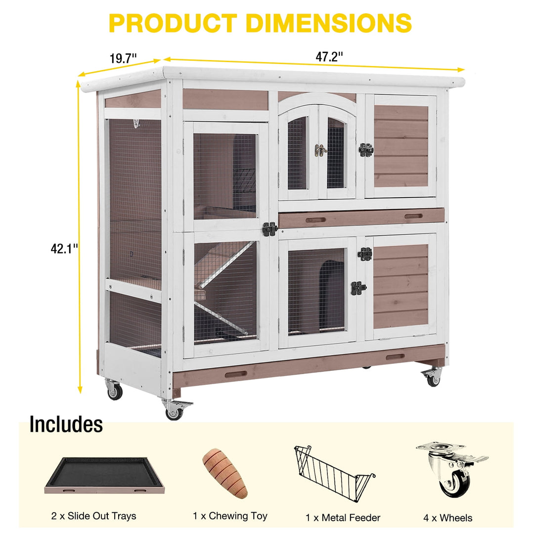 MEDEHOO Rabbit Hutch Indoor Bunny House Guinea Pig Cage with Sliding Plastic Trays, Wheels &amp; Ramp, 47.2" Multi-Door Wooden Small Animal Cage for Rabbits Bunnies, and Guinea Pigs, Brown AIR06 D-A11-WM