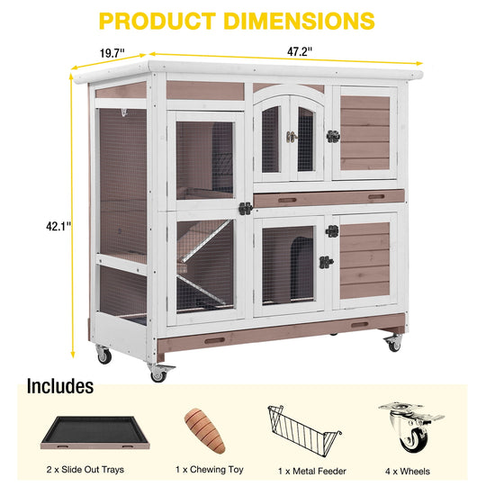 MEDEHOO Rabbit Hutch Indoor Bunny House Guinea Pig Cage with Sliding Plastic Trays, Wheels &amp; Ramp, 47.2" Multi-Door Wooden Small Animal Cage for Rabbits Bunnies, and Guinea Pigs, Brown AIR06 D-A11-WM