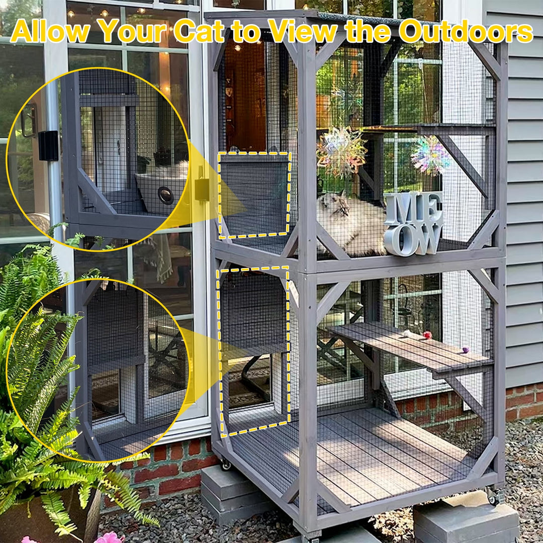 MEDEHOO Catio Outdoor Cat Enclosure with Wheels, Scratching Post, Resting Box and Waterproof Roof for Patio or Garden, 31.5"L x 31.5"W x 70.9"H AIR22-A11-WM