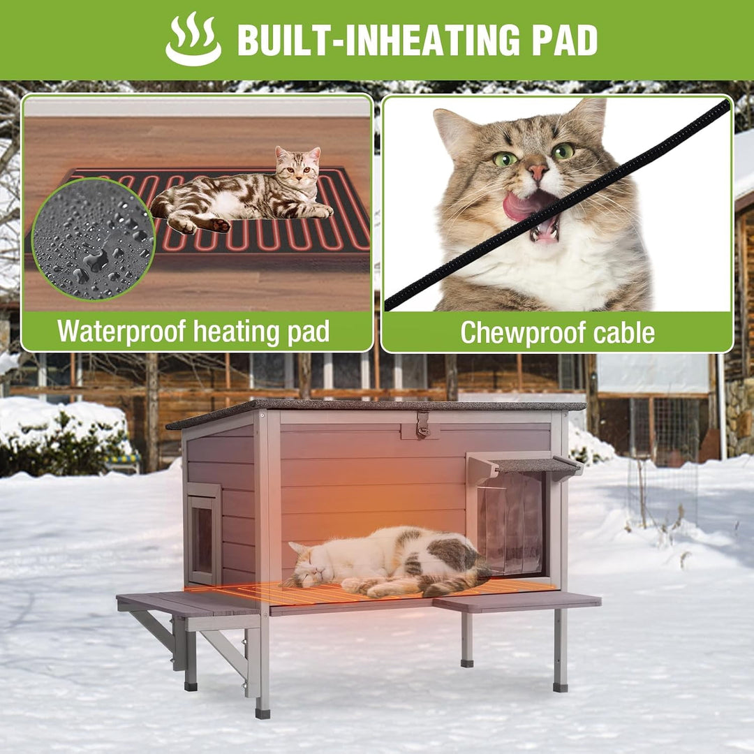 MEDEHOO Large Heated Cat House Outdoor Insulated Cat House Weatherproof Feral Cat Shelter with Heating Pad Insulated Liner Openable Roof &amp; Secure Escape Doors for 1-3 Cats (Winter-Ready)