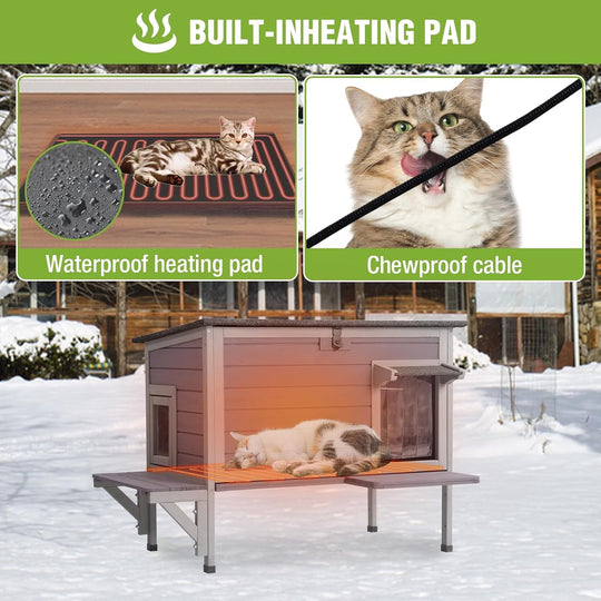 MEDEHOO Large Heated Cat House Outdoor Insulated Cat House Weatherproof Feral Cat Shelter with Heating Pad Insulated Liner Openable Roof &amp; Secure Escape Doors for 1-3 Cats (Winter-Ready)