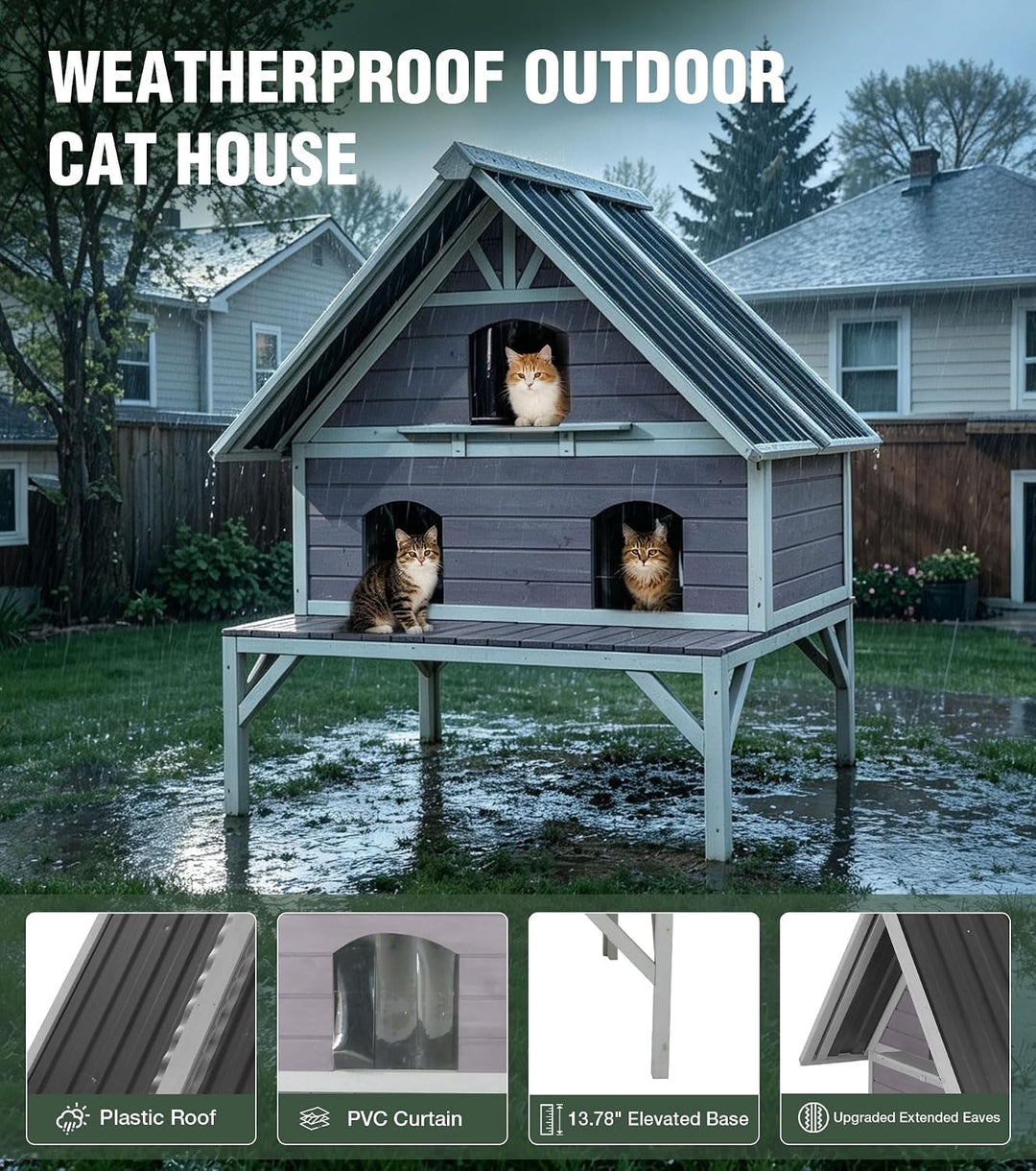 MEDEHOO Outdoor Cat House Weatherproof Large Feral Cat Shelter with 2-Layer, Wooden Cat Condo with Balcony, Escape Doors and Openable Back Door for Multiple Cats Indoor