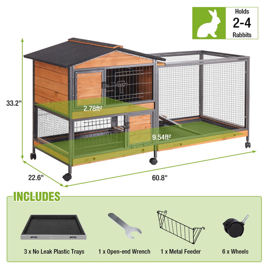 MEDEHOO 62" Heavy-Duty Rabbit Hutch with Full Iron Frame, 2-Story Indoor &amp; Outdoor Bunny Cage with Wheels and Pull-Out Tray, Orange