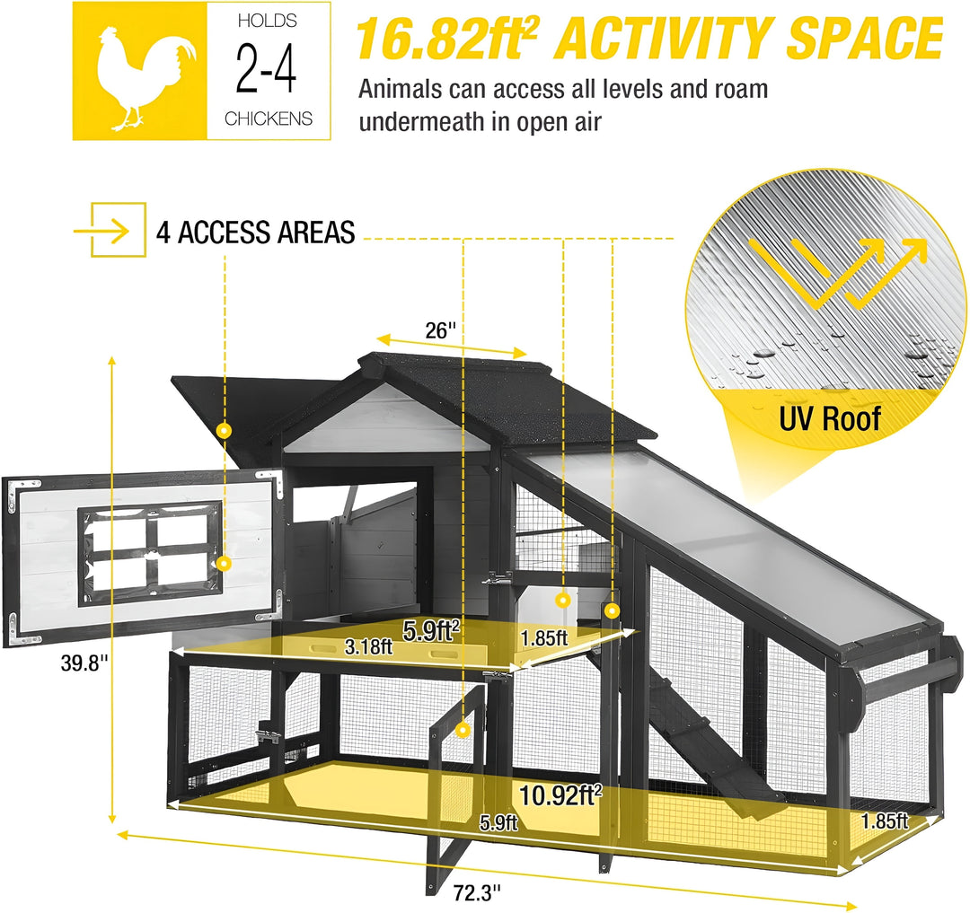 MEDEHOO Mobile Chicken Coop with Wheels for 2-4 Chickens, Backyard Expandable Chicken House Duck Cage with Run, 2 Nesting Boxes, Easy Clean Pull-Out Tray, Leak-Resistant Asphalt Roof, 72.3"