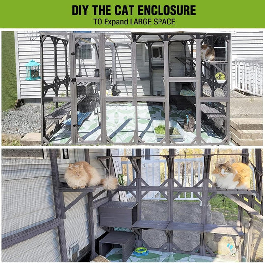MEDEHOO Catio Outdoor Cat Enclosure Large Walk in Window Cat House for Mulitiple Cats with 7 Platforms and 2 Resting Box,Asphalt Roof,70 inch