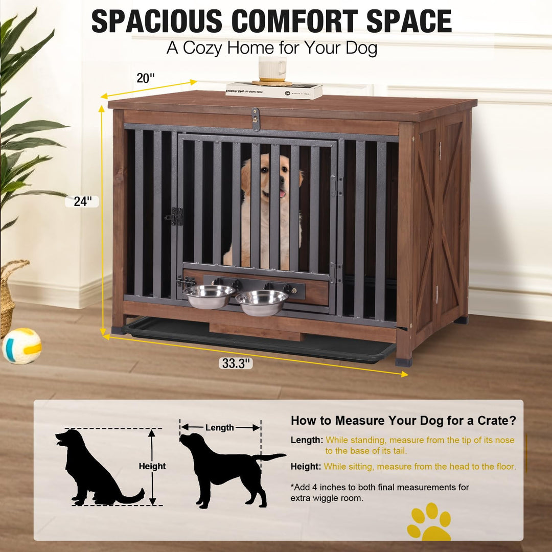 MEDEHOO Folding Dog Crate Furniture Portable Metal Dog Kennel with Bowls &amp; Tray, Dog Crate for Small &amp; Medium Dogs with Opening Roof, Brown