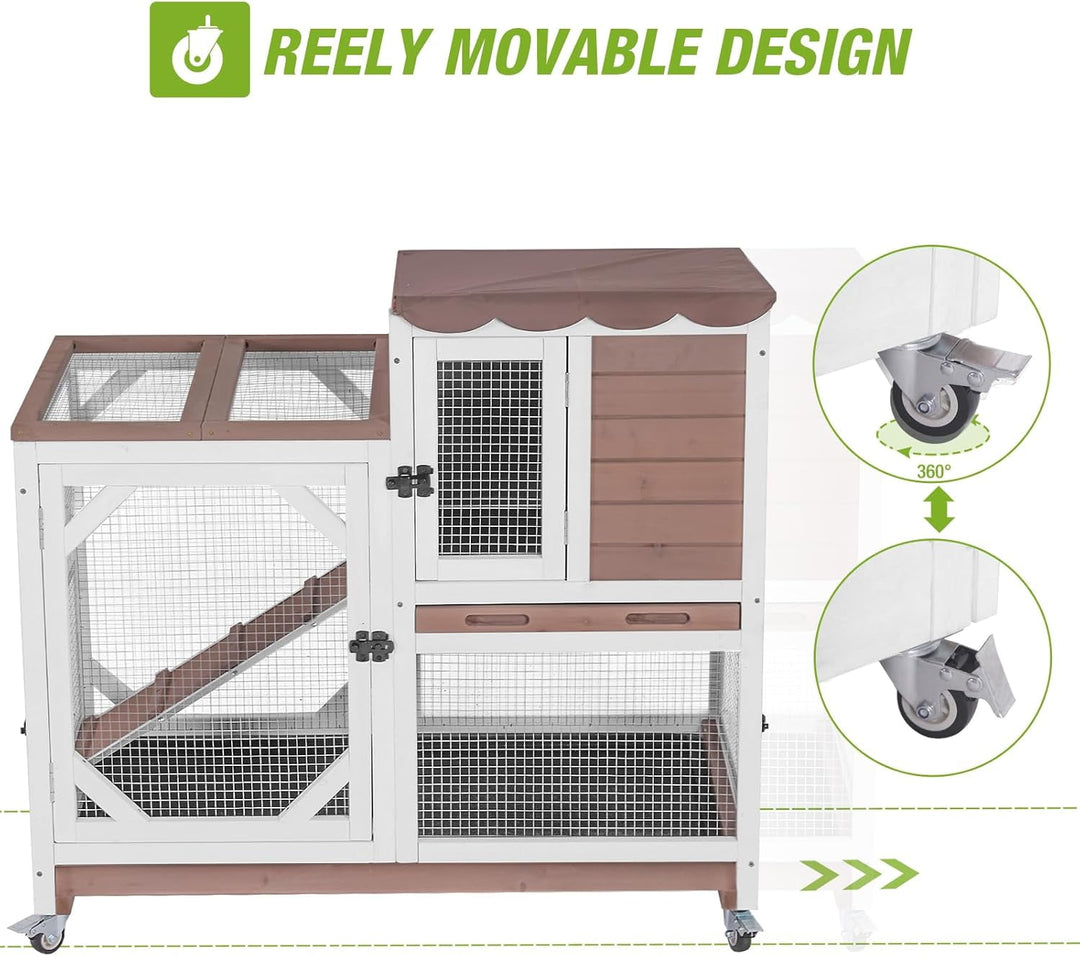 MEDEHOO 2-Story Rabbit Hutch with Wheels, Indoor Outdoor Wooden Rabbit Cage with Ramp &amp; Leak-Proof Trays for Rabbits &amp; Guinea Pigs, Brown RC-AIR7013-MC-WM
