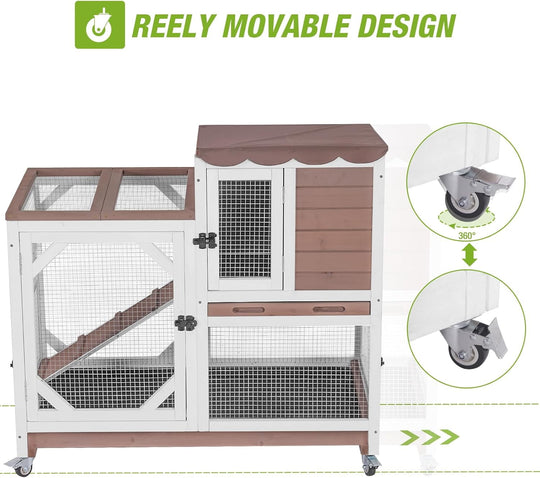 MEDEHOO 2-Story Rabbit Hutch with Wheels, Indoor Outdoor Wooden Rabbit Cage with Ramp &amp; Leak-Proof Trays for Rabbits &amp; Guinea Pigs, Brown RC-AIR7013-MC-WM