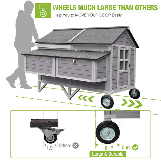 BUTINGLALE Chicken Coop with Super Large Wheels for 4-6 Chickens Mobile Duck House 68.1" L with Four Nesting Boxes, Four Perches, Easy to Move AIR97-N1