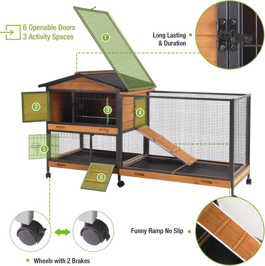 MEDEHOO Rabbit Hutch Outdoor Indoor, Rabbit Cage with Wheels Bunny Cage Large Guinea Pig Cage for Small Animals with Tray AIR190-X-WM