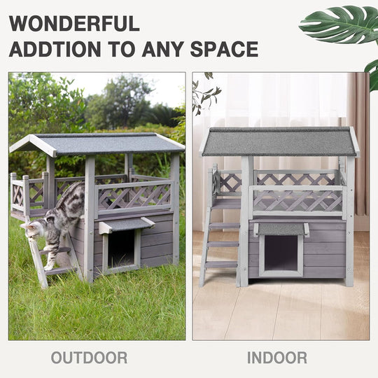 BUTINGLALE Cat House Outdoor Indoor Feral Cat Shelter Wooden Kitty House with Stairs, Balcony＆Weatherproof Roof AIR09-B-Q